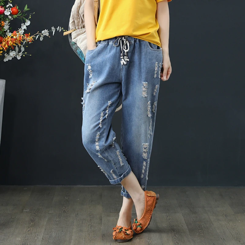 Harem Pants Calf Length High Waist Jeans Women Pockets Hole Ripped Washed Lace Softener Loose Prairie Chic Cotton | Женская одежда