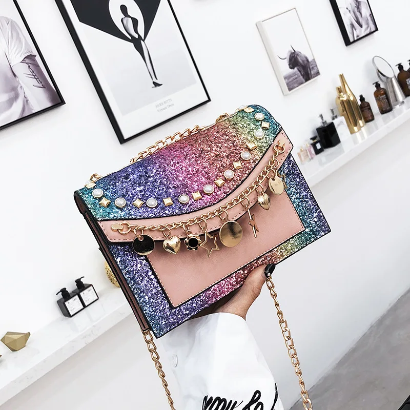 High quality brand package Korean rivet small bag 18 female new tide chain single shoulder bagslanting sequins small square bag
High quality brand package Korean rivet small bag 18 female new tide chain single shoulder bagslanting sequins small square bag