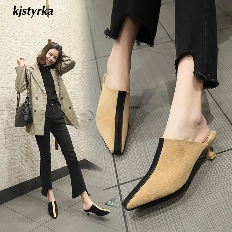

Kjstyrka zapatos mujer 2019 striped Women slippers outside flock high quality square head lady 5cm thin heels zapatillas mujer