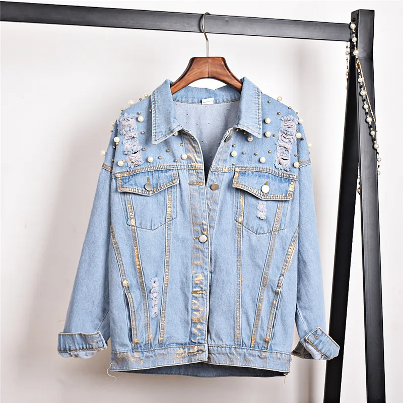 distressed denim jacket with pearls