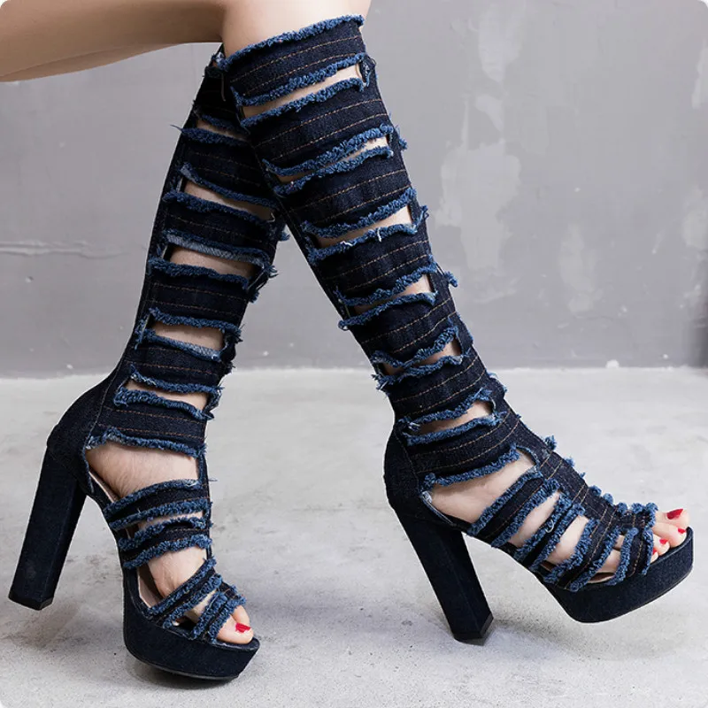 

Women shoes Gladiator Hole Denim Boots Over Knee High Heels Platform Peep Toe zipper Sexy ladies sandals zapatos de mujer N63W