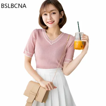 2019 Summer Autumnt-shirt Ice Silk Pullovers Knitted Clothes Short Sleeve V Collar Loose Casual Stripes Tee Shirt Femme A180
2019 Summer Autumnt-shirt Ice Silk Pullovers Knitted Clothes Short Sleeve V Collar Loose Casual Stripes Tee Shirt Femme A180