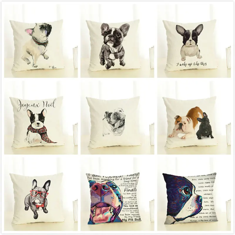 Dog Cushion Cover 45x45cm Pillow Cases Home Decor Animals French Bulldog Printing Cotton Linen Pillowcases (1)