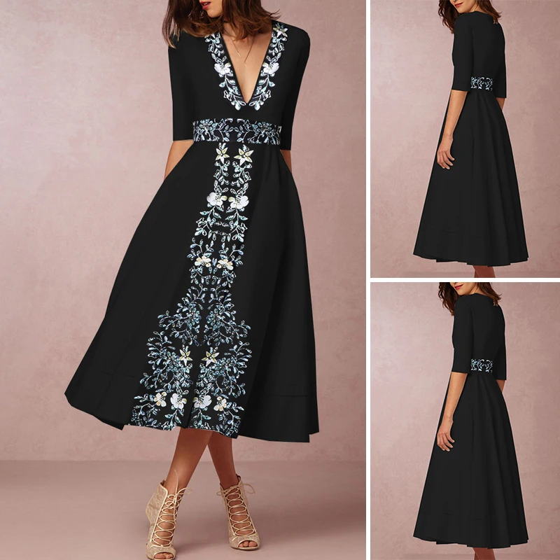 Women Retro Dress Bohemian Flower Printed Sexy V-Neck Middle Sleeve Slim Swing A Line Party Evening Business Long Dress
Women Retro Dress Bohemian Flower Printed Sexy V-Neck Middle Sleeve Slim Swing A Line Party Evening Business Long Dress