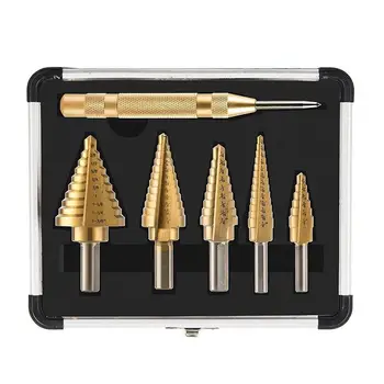 5Pcs Titanium Step Drill Bit Set With Automatic Center Punch, 50 Sizes In 5 Steel Drill Bits Set For Sheet Metal With Aluminum
5Pcs Titanium Step Drill Bit Set With Automatic Center Punch, 50 Sizes In 5 Steel Drill Bits Set For Sheet Metal With Aluminum