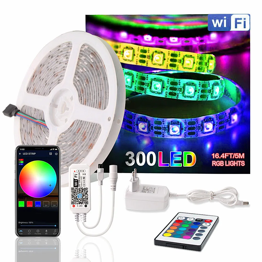 Wifi LED Strip 12V Waterproof 5050 5M 300LEDs Neon Light Tira LED Ribbon RGB Tape Backlight with 24keys Controller Power Adapter
Wifi LED Strip 12V Waterproof 5050 5M 300LEDs Neon Light Tira LED Ribbon RGB Tape Backlight with 24keys Controller Power Adapter