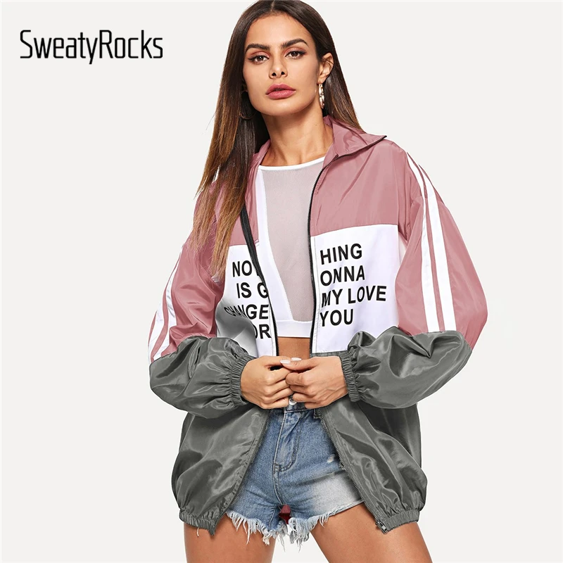 SweatyRocks Athleisure Colorblock Zip Up Letter Print Windbreaker Jacket Stand Collar Loose Jacket 2018 Autumn Women Casual Tops
SweatyRocks Athleisure Colorblock Zip Up Letter Print Windbreaker Jacket Stand Collar Loose Jacket 2018 Autumn Women Casual Tops