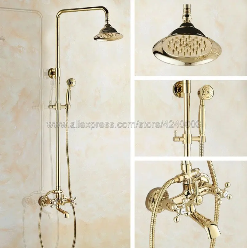 Gold Polished Rainfall Round Showerhead Bathroom Shower Mixer Taps Wall Mount Tub Shower Faucet with Handshower Kgf347
Gold Polished Rainfall Round Showerhead Bathroom Shower Mixer Taps Wall Mount Tub Shower Faucet with Handshower Kgf347