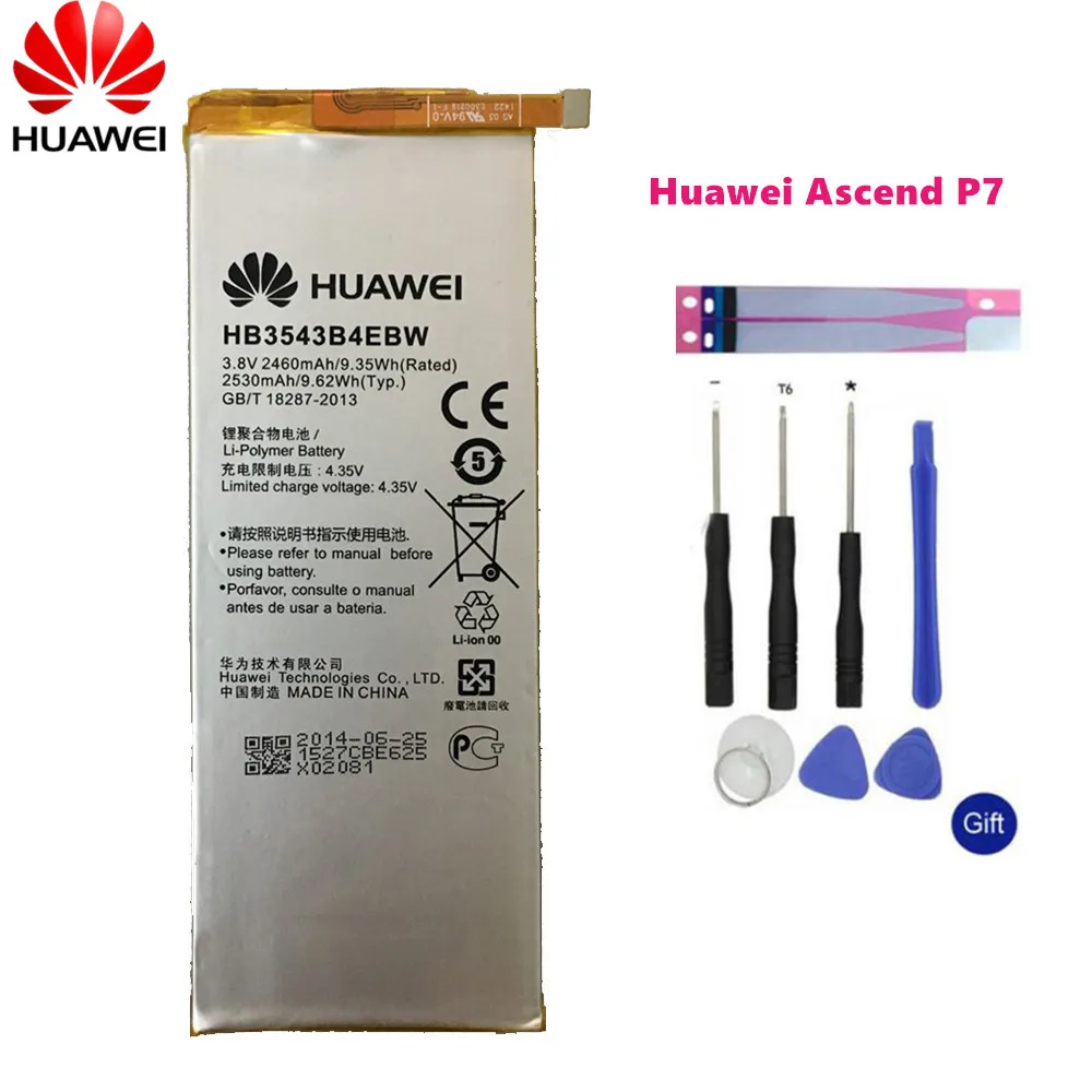 Hua Wei Original Phone Battery HB3543B4EBW for Huawei Ascend P7 L07 L09 L00 L10 L05 L11 2460mAh Replacement Batteries Free Tools
Hua Wei Original Phone Battery HB3543B4EBW for Huawei Ascend P7 L07 L09 L00 L10 L05 L11 2460mAh Replacement Batteries Free Tools