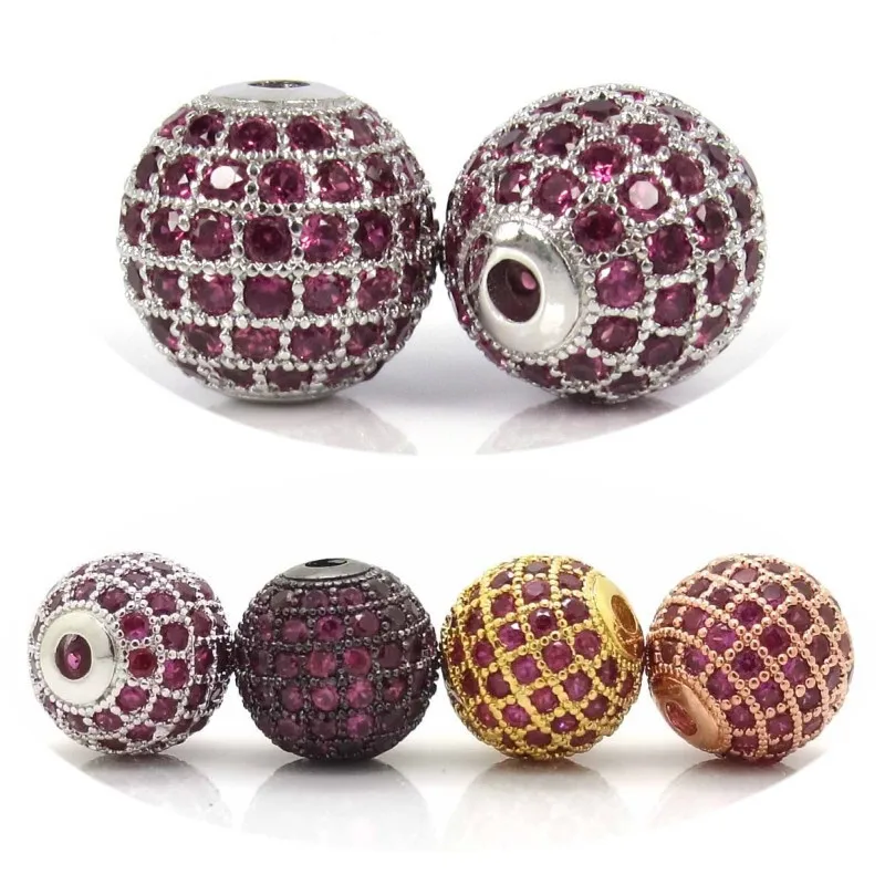 6mm 8mm 10mm 12mm Mixed Gold Silver Black Color & Micro Pave Fuchsia CZ Metal Round Bead For Bracelets Making Jewelry DIY Beads |