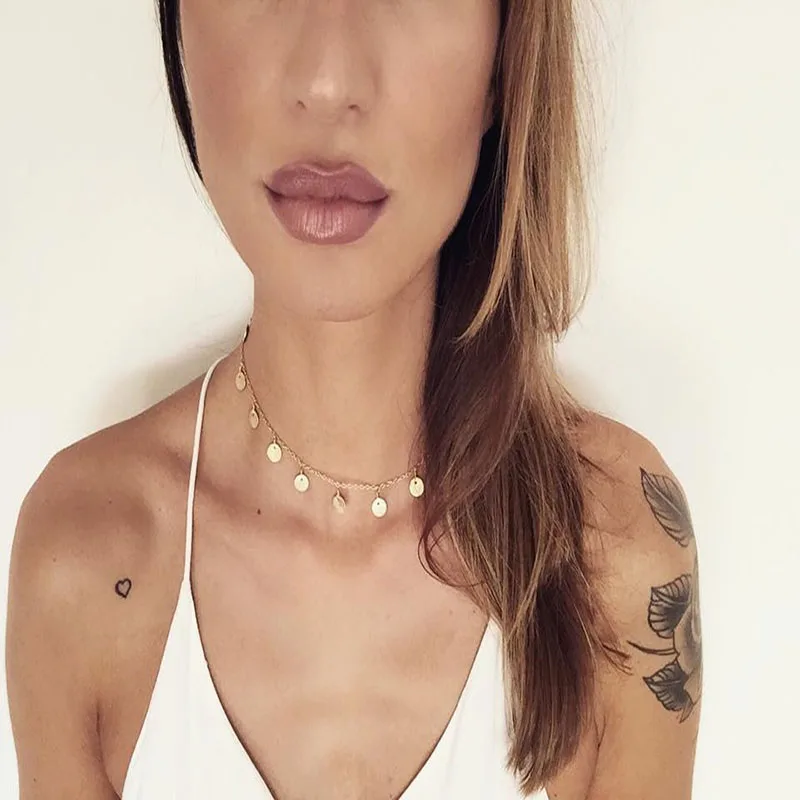 New 1cm gold sequins tassel necklace. Metal round pendant short necklace / neckband necklaceLXL081
New 1cm gold sequins tassel necklace. Metal round pendant short necklace / neckband necklaceLXL081
