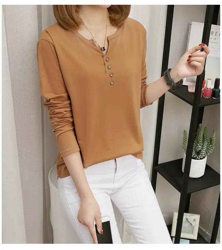 New Womens Tops Tees 2019 Autumn Large Size Tshirt Femme Casual V-neck Long Sleeve Cotton T-shirt Poleras Mujer Tshirts Female (8)