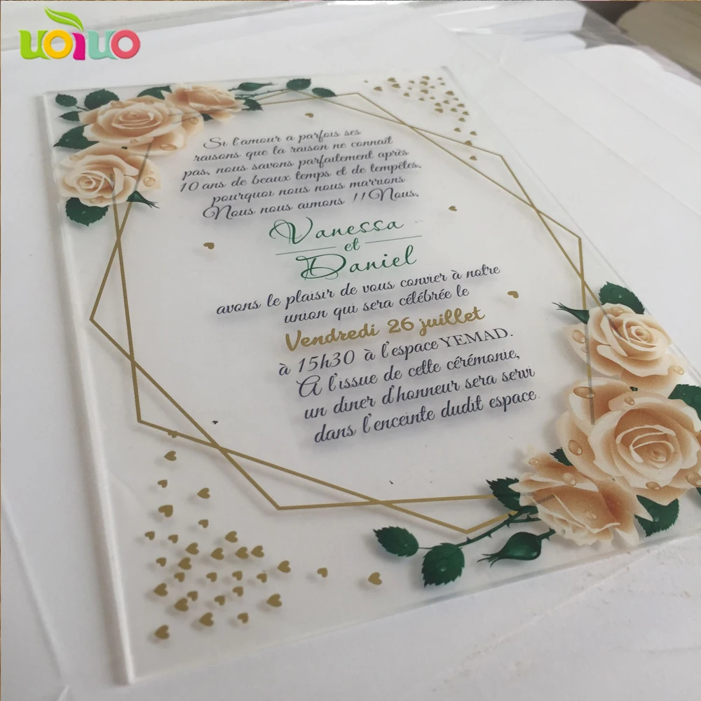 

Customized 5X7inch flower printing text/design clear Acrylic Wedding Invitation Card customized Acrylic Invitations