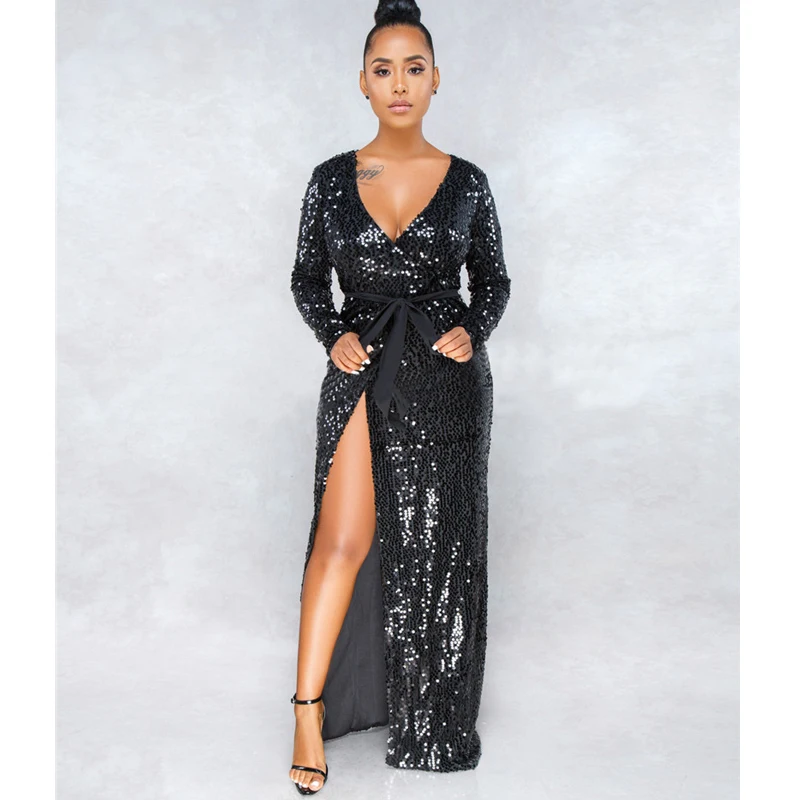 Sexy V-neck 2019 Split Black Party Club Dress Women Spring Summer Long Sleeve Dress Elegant Sequined Long Maxi Dress summer
Sexy V-neck 2019 Split Black Party Club Dress Women Spring Summer Long Sleeve Dress Elegant Sequined Long Maxi Dress summer