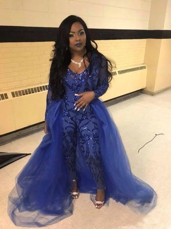 Blue Evening Dress Jumpsuits Long Sleeves Prom Gowns Detachable Train Lace Applique Luxury African Party Dresses Pant Suits 
Blue Evening Dress Jumpsuits Long Sleeves Prom Gowns Detachable Train Lace Applique Luxury African Party Dresses Pant Suits
