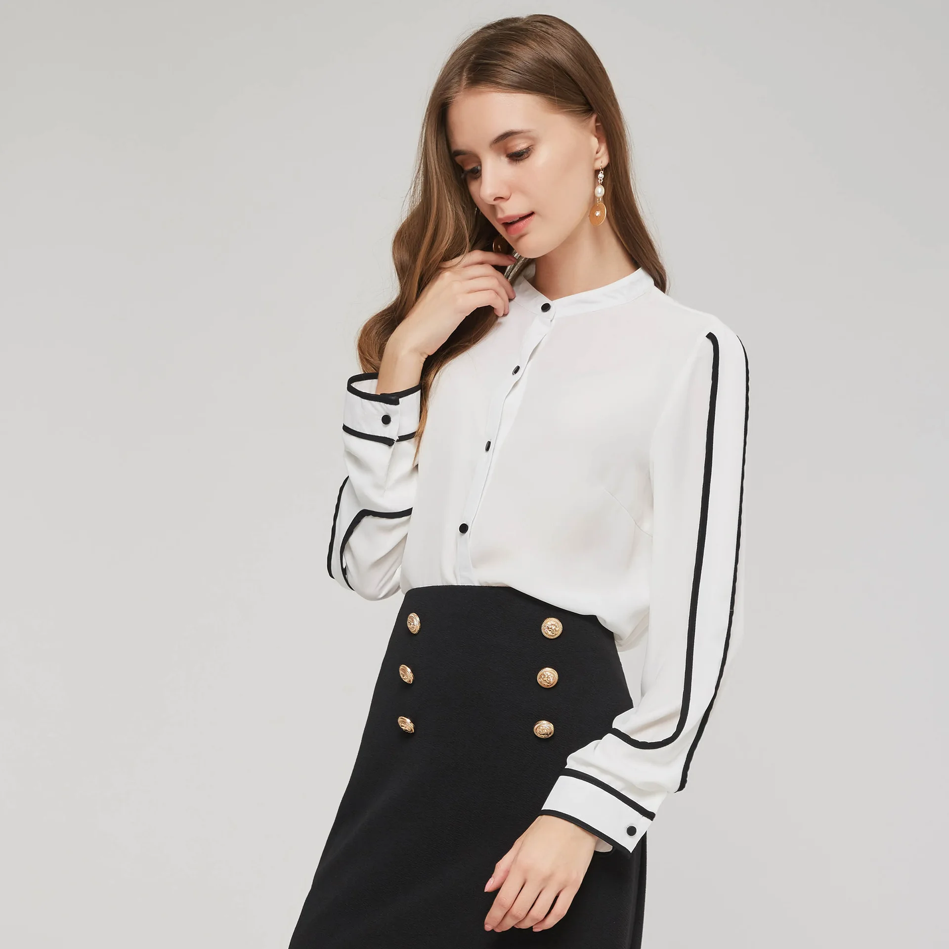 Office Lady Fashion Female Elegant Button Contrast Color White Bouses Chiffon Stand Collar Shirt Ladies Tops Workwear blouse
Office Lady Fashion Female Elegant Button Contrast Color White Bouses Chiffon Stand Collar Shirt Ladies Tops Workwear blouse