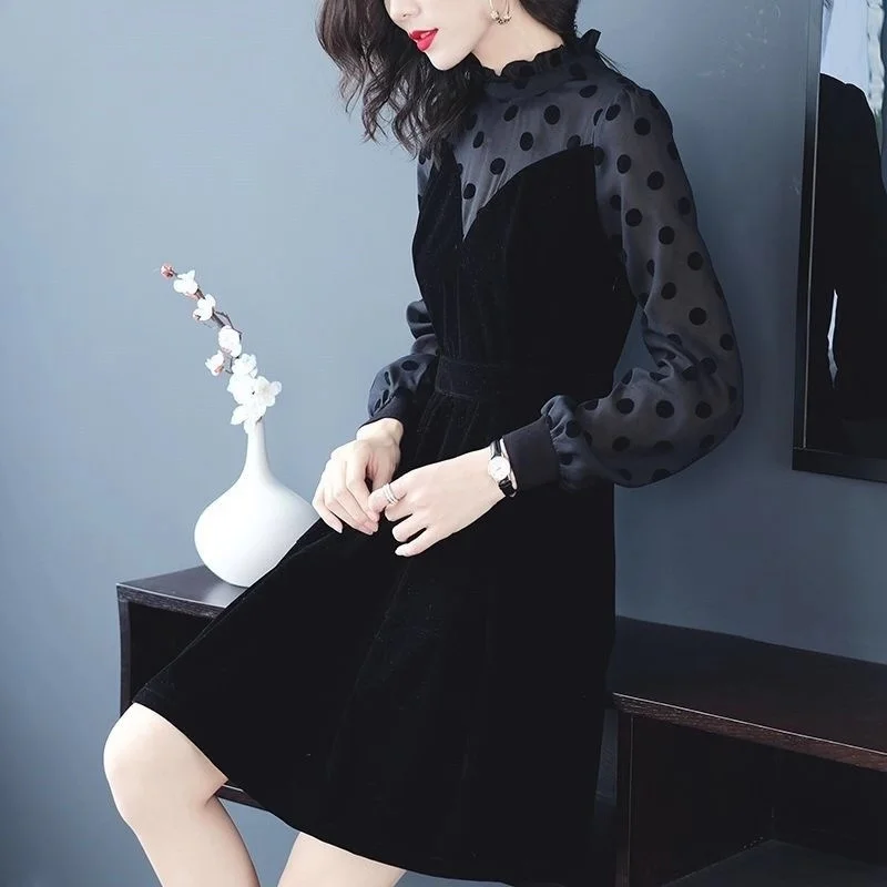 Fall Spring Fashion Ladies Woman Ruffles Neck Printed Dot Patchwork Long Sleeve Velour Dress , Female Womens 5xl Velvet Dresses
Fall Spring Fashion Ladies Woman Ruffles Neck Printed Dot Patchwork Long Sleeve Velour Dress , Female Womens 5xl Velvet Dresses