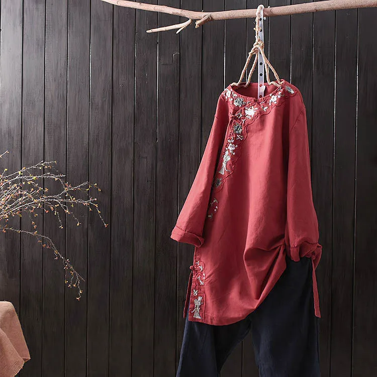 National Style Literary Embroidery Plate Button Shirt Long Section Cotton Linen Tea Service Zen Clothing Sen Female |