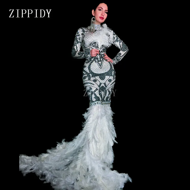 Black White Rhinestones Feather Tail Long Dress Female Singer Costume Women Birthday Celebrate Dress Evening Prom Wear Dress
Black White Rhinestones Feather Tail Long Dress Female Singer Costume Women Birthday Celebrate Dress Evening Prom Wear Dress