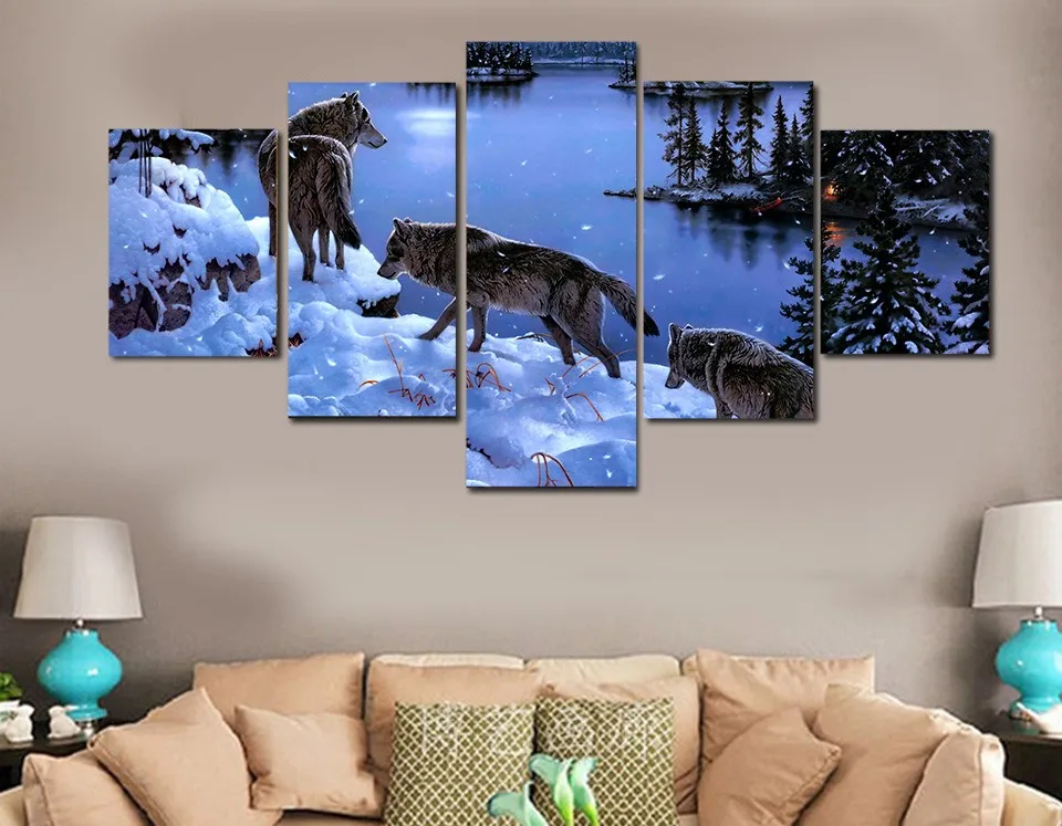 Фото HD Printed Snow Wolf Lake Painting on Canvas Wall Pictures For Living Room Good Quality Modular Cuadros Decoracion | Дом и сад