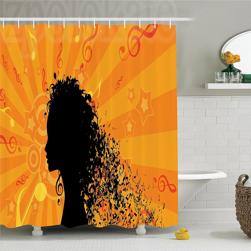 Music Silhouette of Womans Head with Music Notes Hair on Stripes Background Image Polyester Bathroom Shower Curtain Orange Black
Music Silhouette of Womans Head with Music Notes Hair on Stripes Background Image Polyester Bathroom Shower Curtain Orange Black