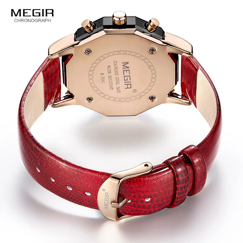 Женские кварцевые часы с хронографом Megir красные водонепроницаемые наручные