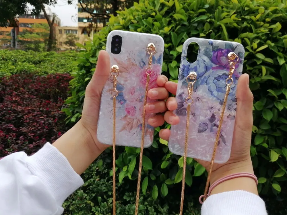 Роскошный чехол с цветами и цепочкой через плечо для iphone XS MAX 11pro max X XR 6 6S 7 8 plus S8 S9 S10