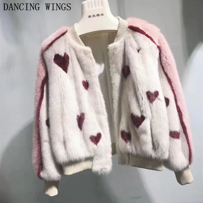 Women's Print Red Heart Casual Pink Fur Jacket Real Mink Fur Coat Short Baseball Mink Coats
Women's Print Red Heart Casual Pink Fur Jacket Real Mink Fur Coat Short Baseball Mink Coats