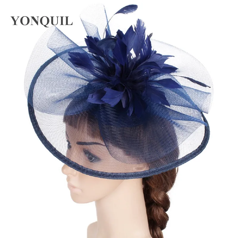 

Navy Blue Millinery Fascinators Headwear Wedding Headpieces Charming Kentucky Derby Headpiece with Feather Flower Cocktail Hats