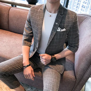 Slim Fit Suit Men Grey Plaid 2 Piece Suit Half Sleeve Prom Dress Boys Casual Coustume Homme For Men's Spring Summer 2019
Slim Fit Suit Men Grey Plaid 2 Piece Suit Half Sleeve Prom Dress Boys Casual Coustume Homme For Men's Spring Summer 2019
