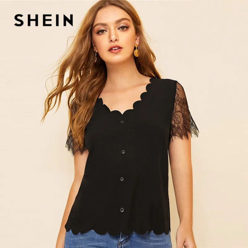 SHEIN Button Front Scallop Trim Lace Sleeve Black Blouse Women Elegant V Neck Solid Summer Short Sleeve Blouse Ladies Tops
SHEIN Button Front Scallop Trim Lace Sleeve Black Blouse Women Elegant V Neck Solid Summer Short Sleeve Blouse Ladies Tops