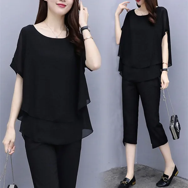 P06 M-5xl Large Size Women's Summer Wear Chiffon Suits The New Two-piece Solid Calf-length Pants Office Lady Ruffles Black Set
P06 M-5xl Large Size Women's Summer Wear Chiffon Suits The New Two-piece Solid Calf-length Pants Office Lady Ruffles Black Set