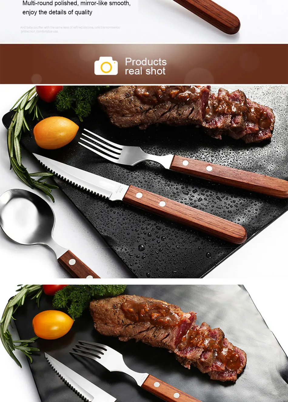 Chic Wooden Handle Dinnerware Set Stainless Steel Black Rosewood Knife Fork Tableware Cutlery European Western Food Set 3pcs (8)