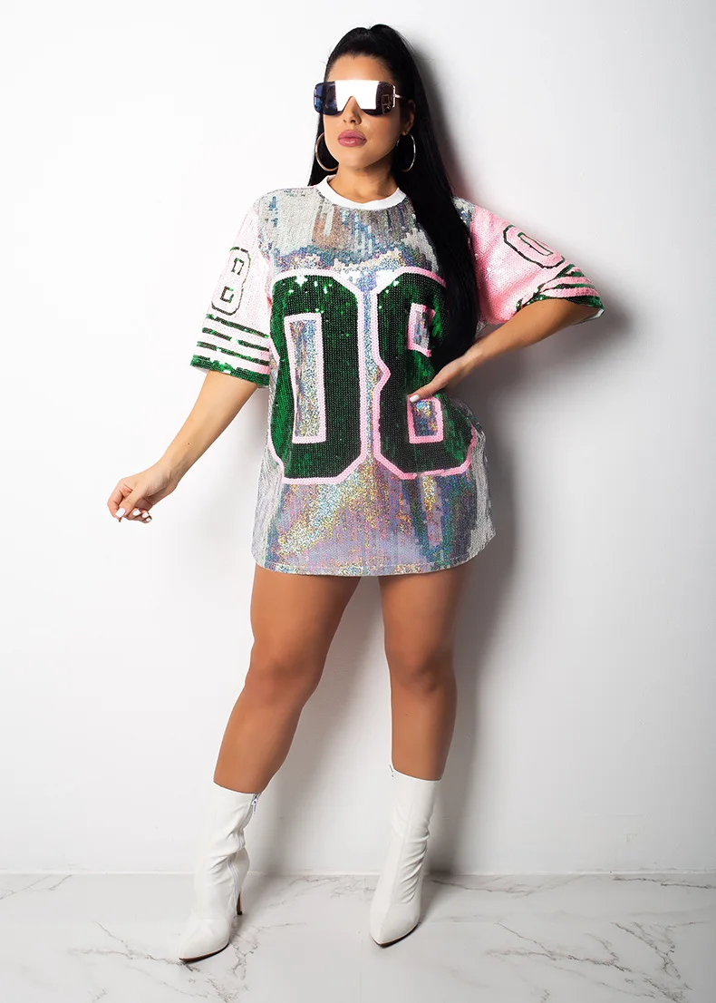 Sequined Spliced Casual T Shirt Dress Women O Neck Half Sleeve Short Loose Dress Summer Number Printed Sexy Vestidos YY8031
Sequined Spliced Casual T Shirt Dress Women O Neck Half Sleeve Short Loose Dress Summer Number Printed Sexy Vestidos YY8031