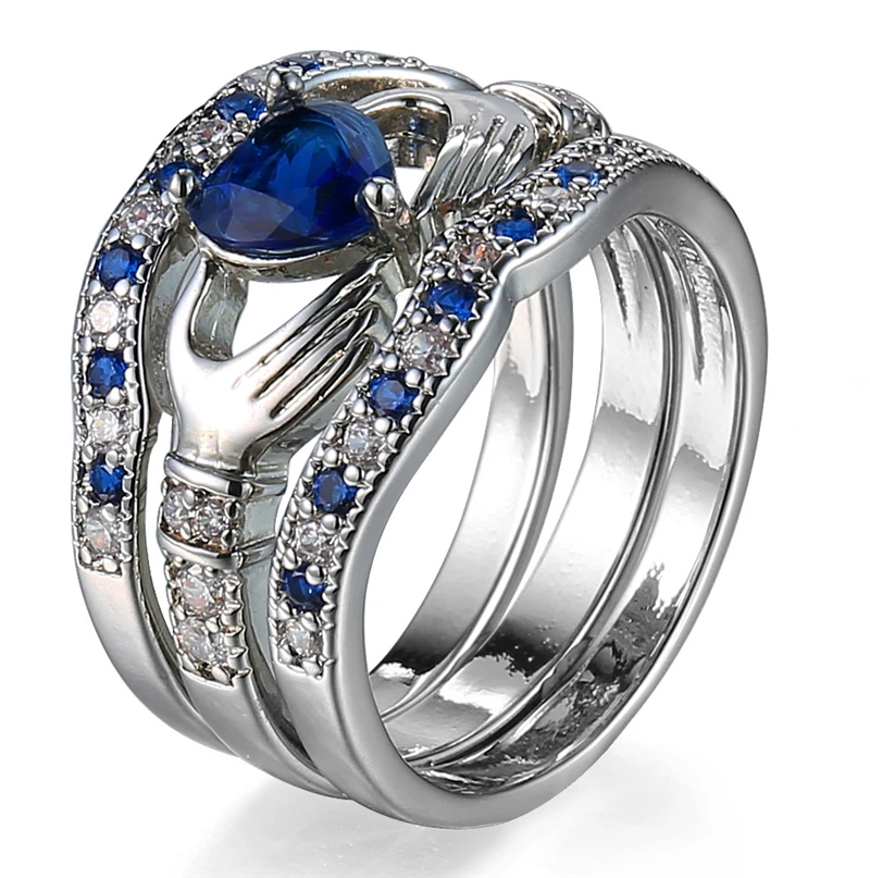 Exquisite Love Design Crown Hand Heart Clah-Duh Claddagh Ring Set White old Plated Blue stone Crystal Rings For Women
Exquisite Love Design Crown Hand Heart Clah-Duh Claddagh Ring Set White old Plated Blue stone Crystal Rings For Women