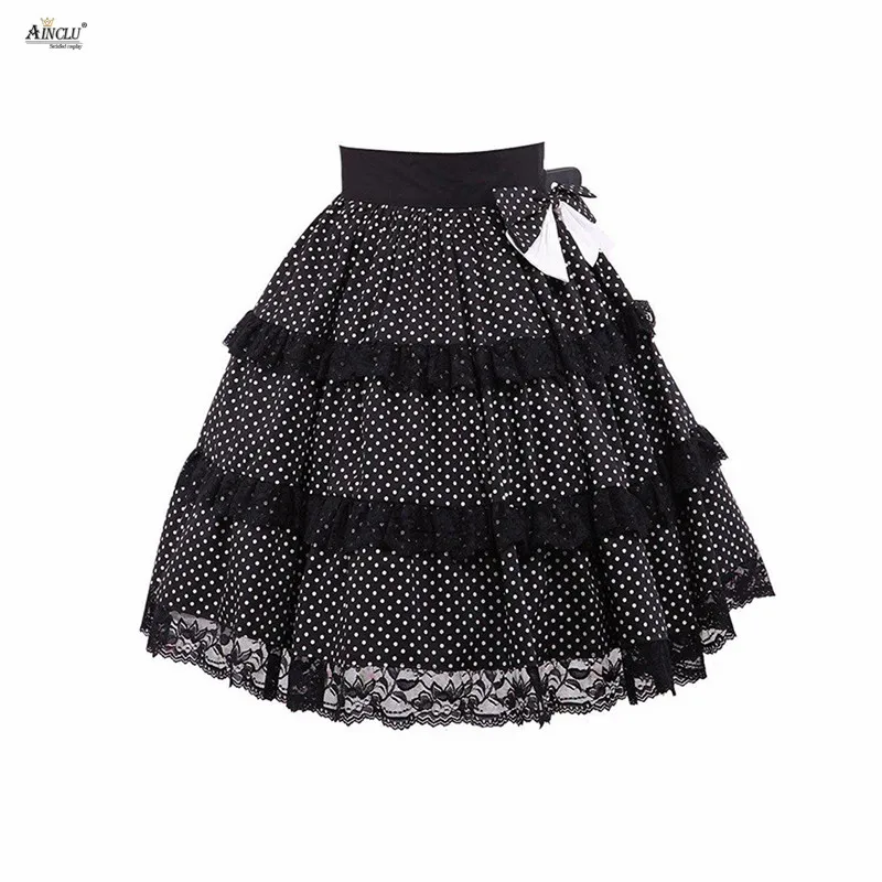

Free Shipping Ainclu Womens XS-XXL Fantastic Black Classic Ruffles Cotton A-line Lolita Skirt With Lace/Bow for Casual,Party