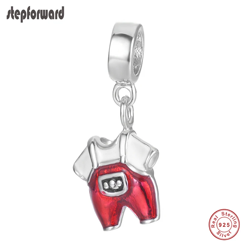 Lovely Good Quality Red and white enamel 925 sterling silver baby suspender trousers hanging charm for bracelets necklace | Украшения и