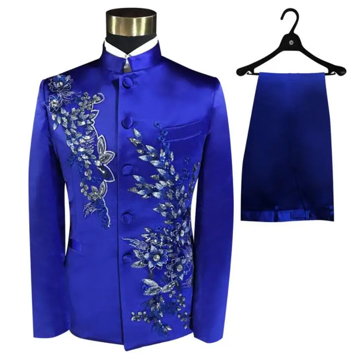 Blazer men Chinese tunic suit set with pants mens wedding suits costume singer stage Blue embroidery clothing slim formal dress | Мужская