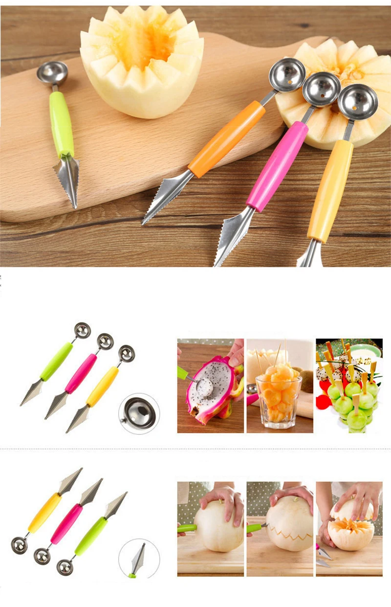 2018 New double head carving tools fruit dig ball spoon DIY creative fruit carving knife Melon Scoops Ballers Kitchen gadgets (12)