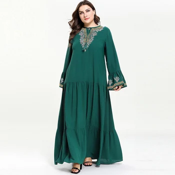 

Blackish green Plus Size Modest Dress Women Embroidery Flare Sleeve Patch Loose Maxi Dresses Vestidos Abaya Dubai Muslim Dress