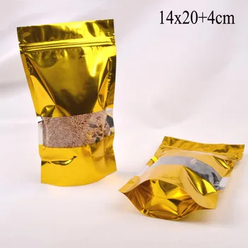200PCS 14*20+4cm stand up gold Aluminum film bag Ziplock window metallic gold plastic packing bag