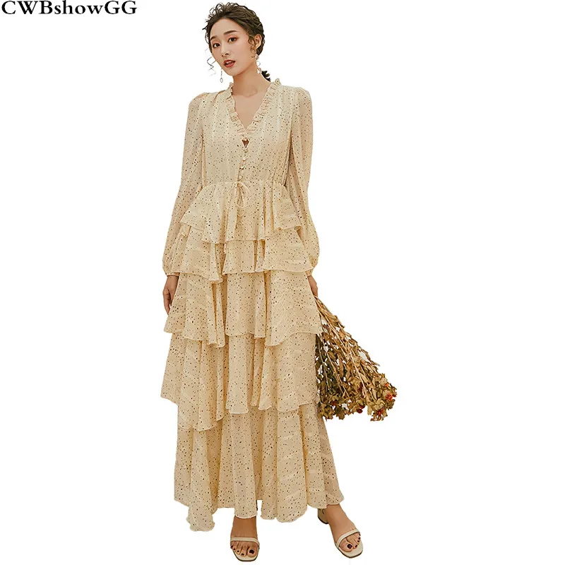 CWBshowGG Spring and summer new dot print chiffon V-neck long-sleeved dress seaside beach holiday fairy ruffles maxi dress
CWBshowGG Spring and summer new dot print chiffon V-neck long-sleeved dress seaside beach holiday fairy ruffles maxi dress