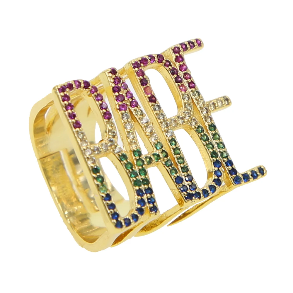 Fashion Gold Color filled babe Letters Rings rainbow CZ For Women Name Ring Female Statement Jewelry band open rings for lovers
Fashion Gold Color filled babe Letters Rings rainbow CZ For Women Name Ring Female Statement Jewelry band open rings for lovers