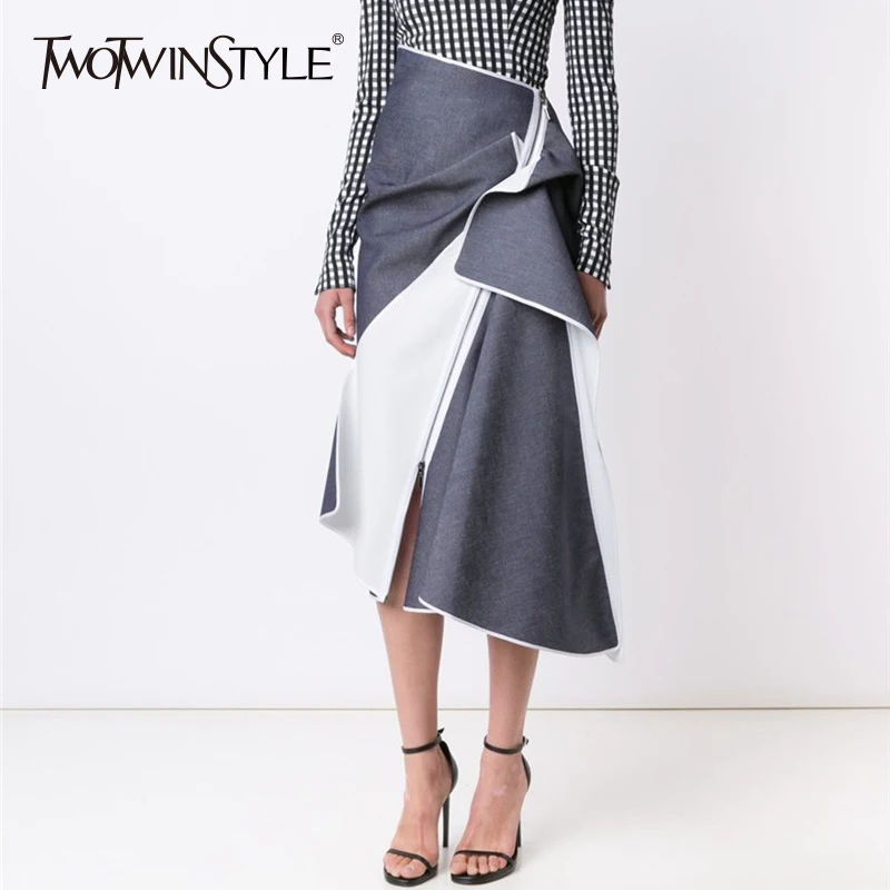 TWOTWINSTYLE Irregular Skirt Female Zipper Ruched Patchwork High Waist Asymmetrical Midi Skirts 2019 Spring Fashion Clothing
TWOTWINSTYLE Irregular Skirt Female Zipper Ruched Patchwork High Waist Asymmetrical Midi Skirts 2019 Spring Fashion Clothing
