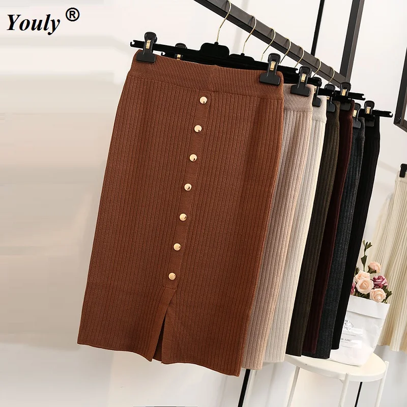 Single-breasted Pencil Skirt Women Autumn Winter Split Slim High Waist Office OL Midi Skirts Stretch Knitting Saia Femininas | Женская