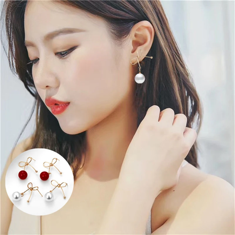 Cute Romantic Earrings Red White Bead Drop Earrings Simple Gold Bow-tie Earrings Korean Minimalist Jewelry Pendientes For Women 
Cute Romantic Earrings Red White Bead Drop Earrings Simple Gold Bow-tie Earrings Korean Minimalist Jewelry Pendientes For Women