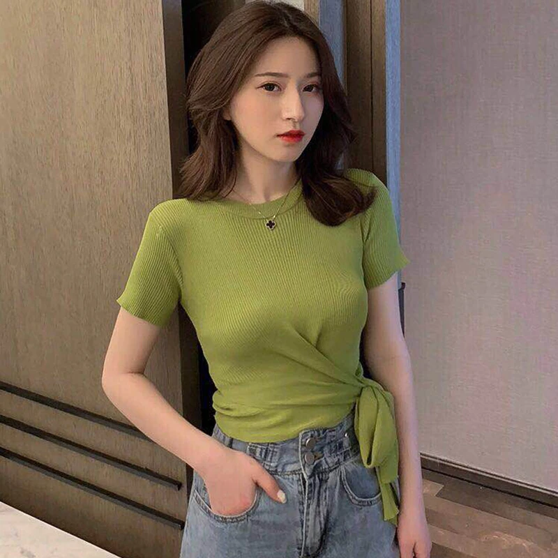 Summer Tops for Women 2019 Korean Style Bow Sash Round Neck Short Sleeve Knitted Top Short Knitwear T-shirt Avocado Green T324
Summer Tops for Women 2019 Korean Style Bow Sash Round Neck Short Sleeve Knitted Top Short Knitwear T-shirt Avocado Green T324
