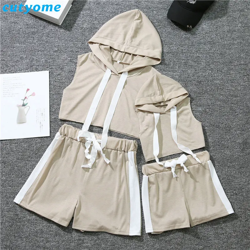 Mommy And Me Summer Sport Mathing Clothing Set Sleeveless Hooded tshirt+Cotton Skirt For Family Mother Daughter Clothes Outfits (29)