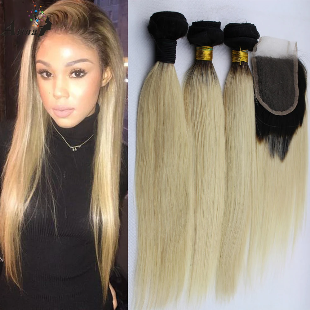 

Dark Root Ombre 1b 613 Blonde Virgin Hair With Closure Straight Brazilian Human Hair Weave Bundles With Lace Closures Atina 4pcs