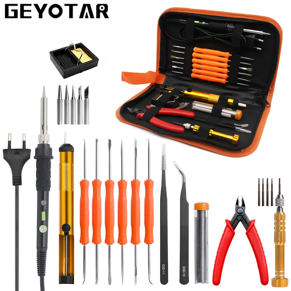 GEYOTAR EU Plug 220V 60W Thermoregulator Electric Soldering Iron Kit Screwdriver tweezers Pliers Desoldering Pump Welding Tools
GEYOTAR EU Plug 220V 60W Thermoregulator Electric Soldering Iron Kit Screwdriver tweezers Pliers Desoldering Pump Welding Tools